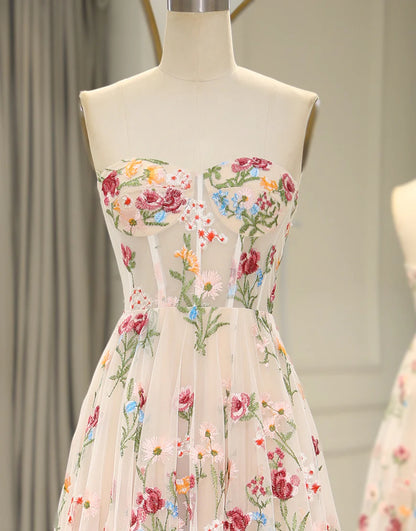 Strapless Flower Tulle Sweetheart Long Corset Prom Dress
