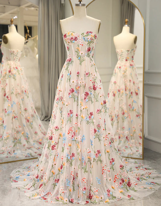 Strapless Flower Tulle Sweetheart Long Corset Prom Dress