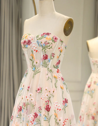 Strapless Flower Tulle Sweetheart Long Corset Prom Dress