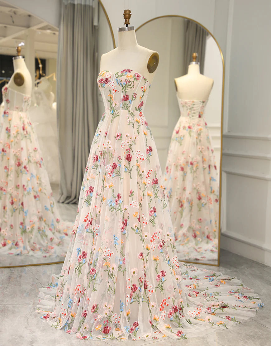 Strapless Flower Tulle Sweetheart Long Corset Prom Dress