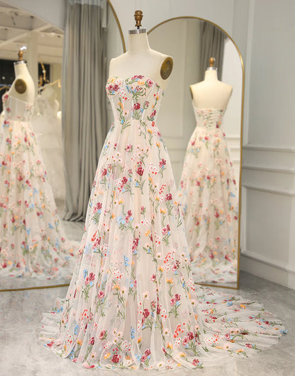 Strapless Flower Tulle Sweetheart Long Corset Prom Dress