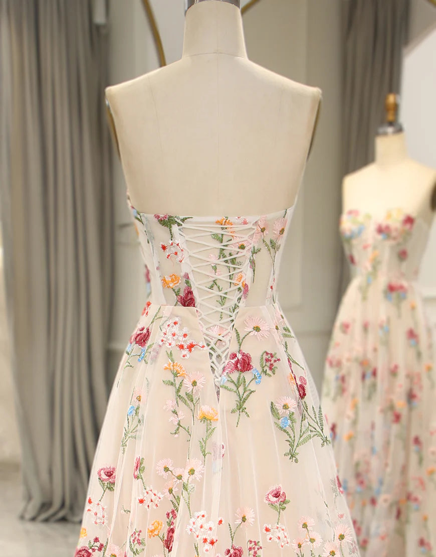 Strapless Flower Tulle Sweetheart Long Corset Prom Dress