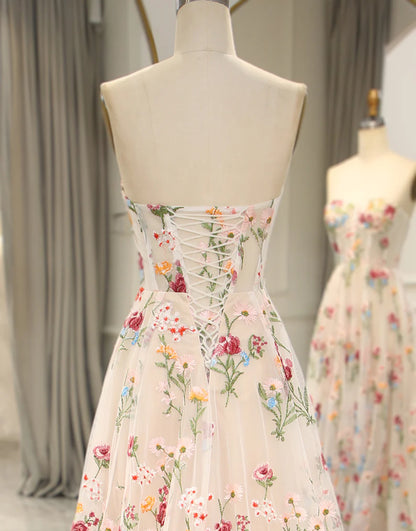 Strapless Flower Tulle Sweetheart Long Corset Prom Dress