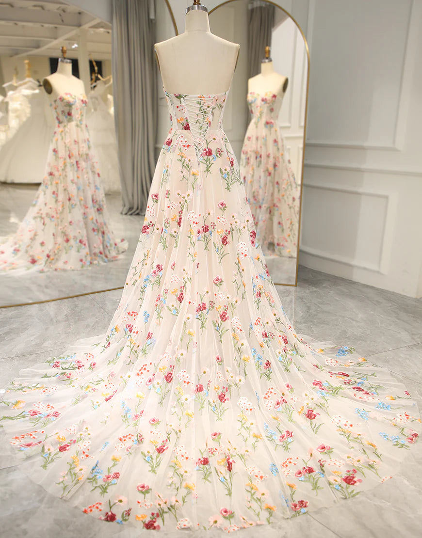 Strapless Flower Tulle Sweetheart Long Corset Prom Dress