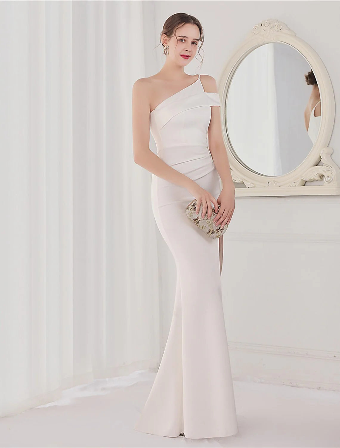 Mermaid / Trumpet Evening Gown Elegant Dress Wedding Guest Floor Length Sleeveless Spaghetti Strap Satin V Back with SlitMermaid / Trumpet Evening Gown Elegant Dress Wedding Guest Floor Length Sleeveless Spaghetti Strap Satin V Back with Slit
