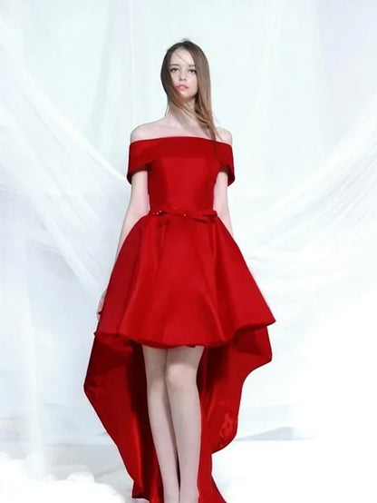 A-Line Elegant Engagement Cocktail Party Dress Off Shoulder Sleeveless Asymmetrical Satin with Bow