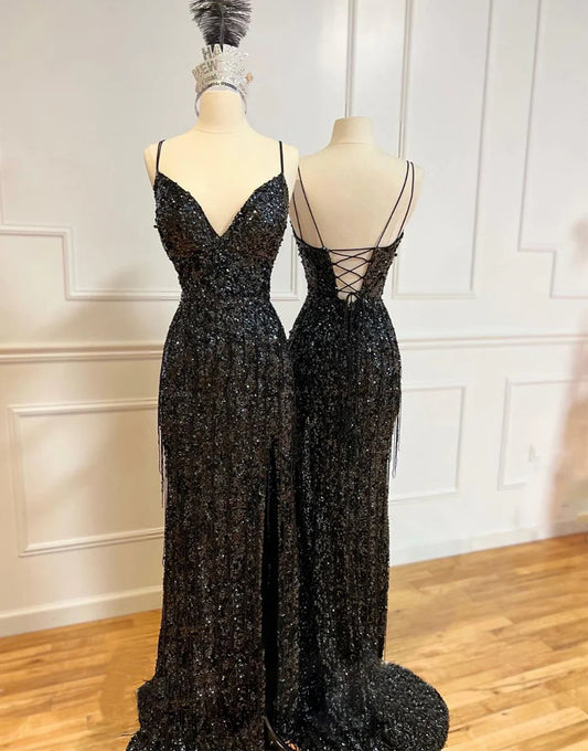Mermaid Spaghetti Straps Glitter Sparkle Long Sequin Black Prom Dress