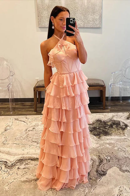 A-Line Halter  Ruffle Tiered Chiffon Long Prom Dress