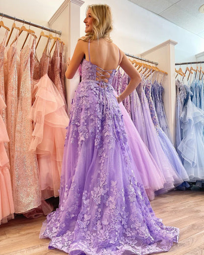A Line Spaghetti Straps Sweetheart Lace Appliques Long Evening Dresses With Slit