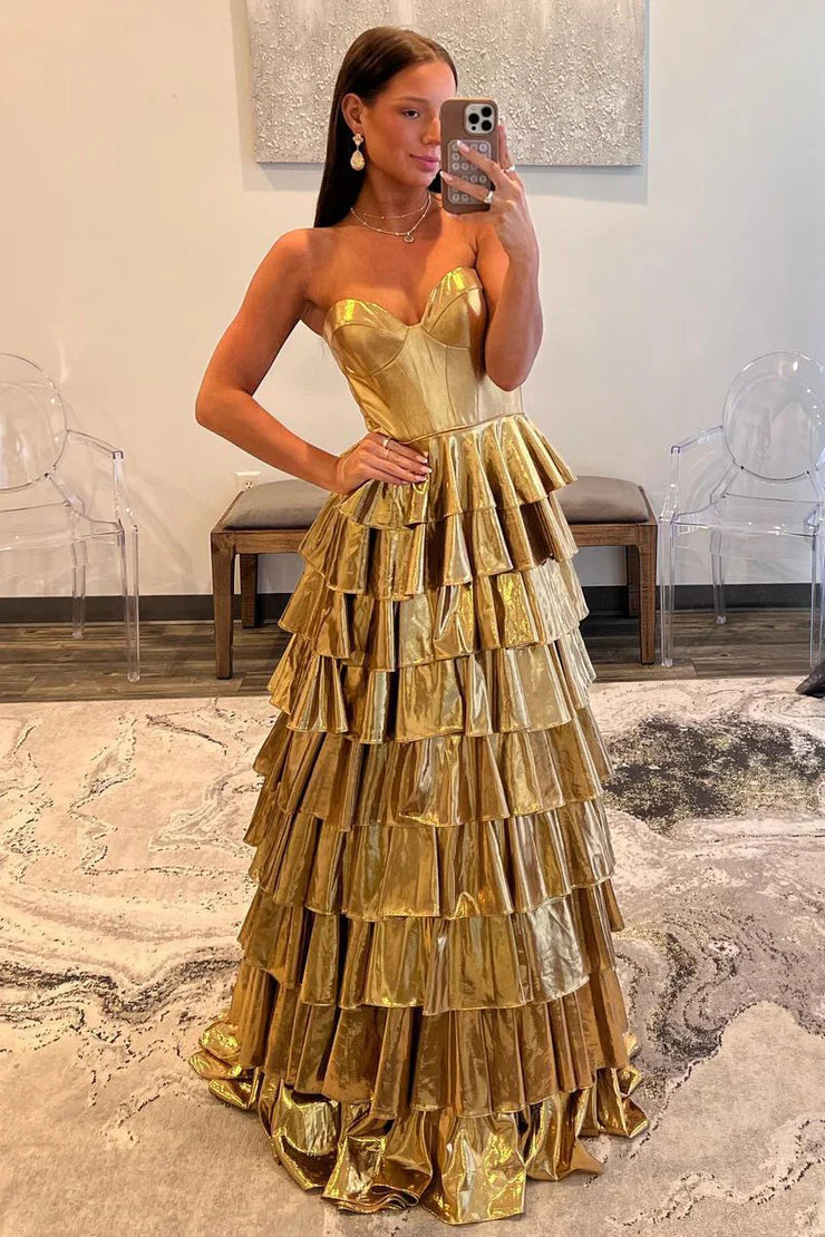 A Line Strapless Gold Ruffle Tiered Satin Long Prom Dress