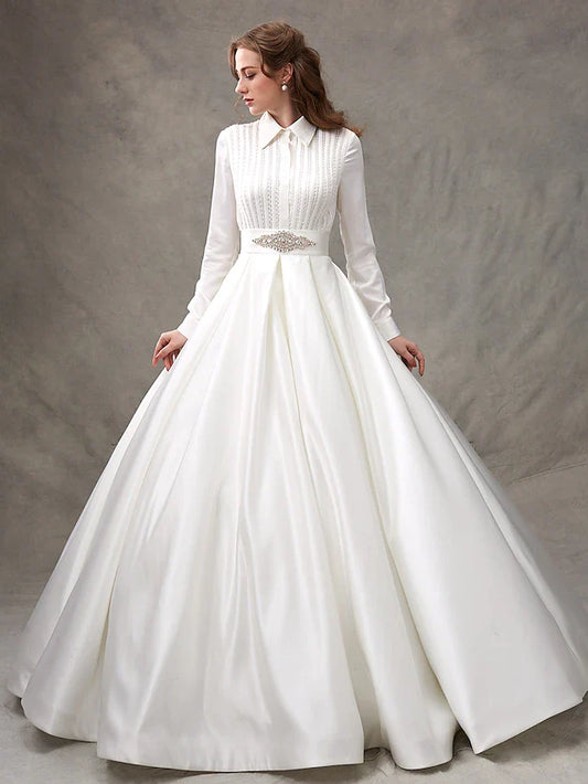 Ball Gown Wedding Dresses High Neck Satin Long Sleeve Glamorous Sparkle & Shine with Bowknot Sash Ribbon Beading