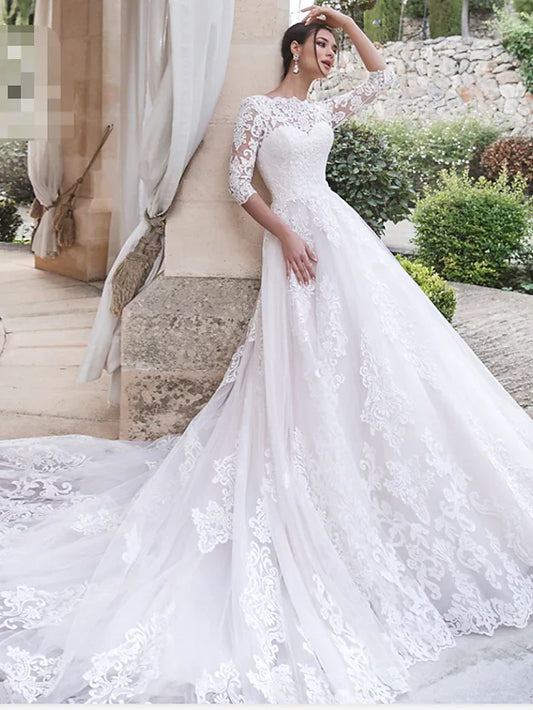 A-Line Wedding Dresses&nbsp; Court Train Lace Length Sleeve Country Illusion Sleeve with Appliques