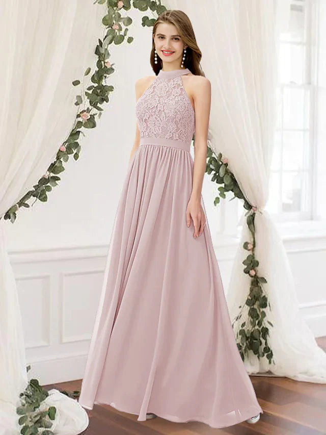 A-Line Jewel Neck Floor Length Chiffon Lace Bridesmaid Dress with Pleats