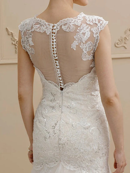 Wedding Dresses Square Neck Court Train Lace Over Tulle Regular Straps Wedding Dress in Color Floral Lace See-Through with Buttons Sequin Appliques