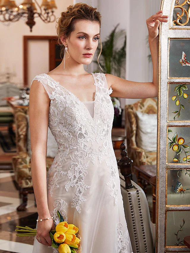 A-Line Wedding Dresses V Neck Court Train Lace Tulle Regular Straps Romantic Illusion Detail with Beading Appliques