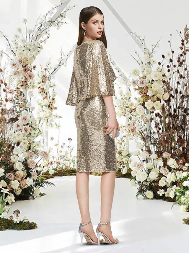 Sleek Glittering Sparkle  V Neck Half Sleeve Knee Length Sequined