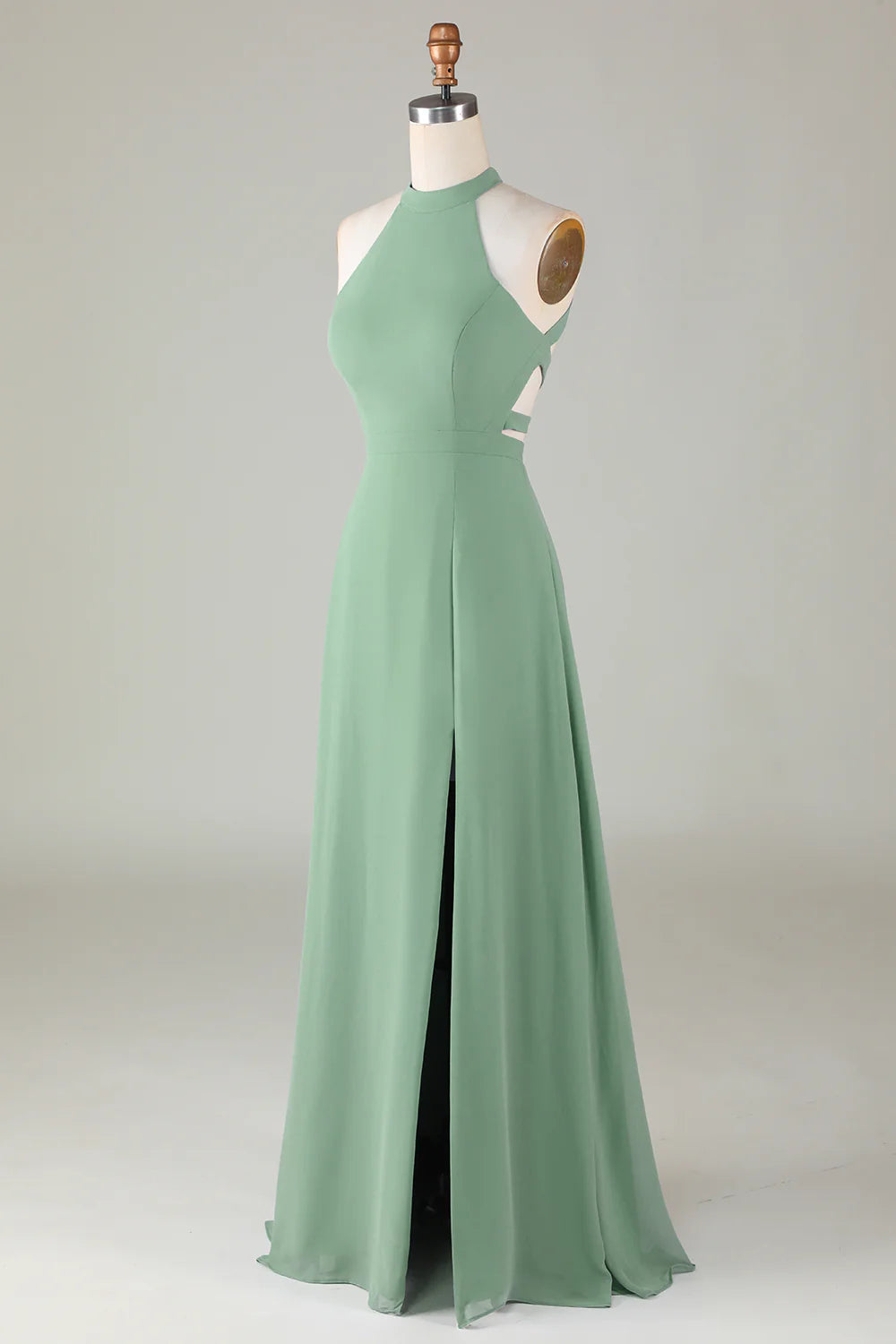 A-Line Halter Open Back Matcha Bridesmaid Dress with Split