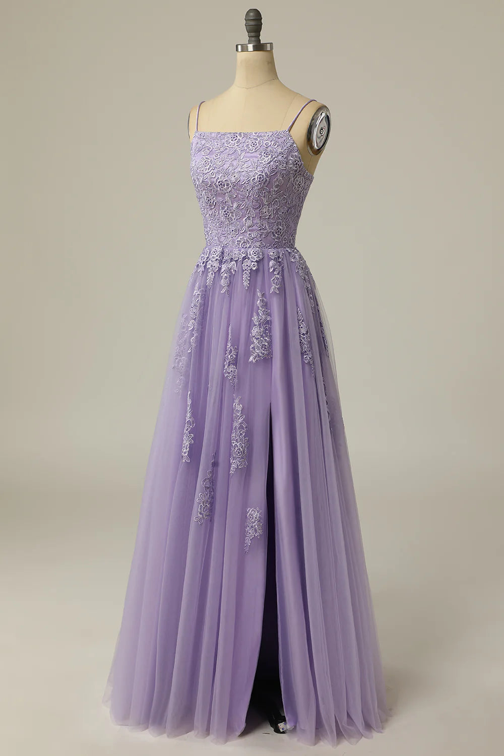 A Line Light Purple Tulle Long Prom Dress with Appliques