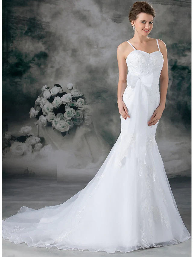 Wedding Dresses Sweetheart Neckline Chapel Train Lace Organza Satin Spaghetti Strap with Sashes Ribbons Bow(s) Beading