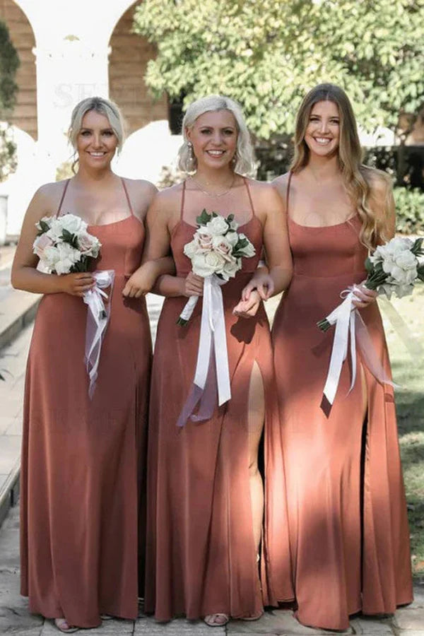 Spaghetti Straps  Satin Floor Length Bridesmaid Dress With Slit