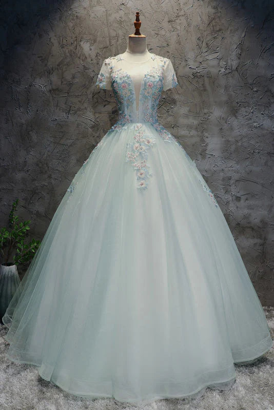 Ball Gown Prom Dresses Floral Dress Quinceanera Unique Light Green Tulle Lace Long Prom Dress Sweet 16 Dress