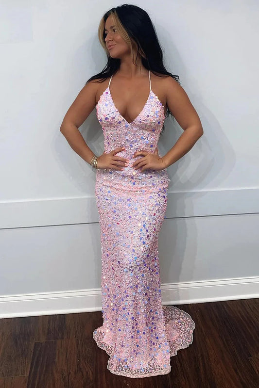 Mermaid Sleek Glittering Sparkle V Neck Spaghetti Straps Sequins Prom Dresses