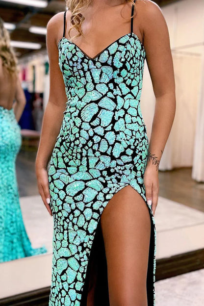 Mermaid  Sleek Glittering Sparkle V Neck Mint Sequins Long Prom Dress with Slit