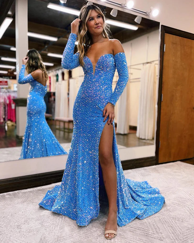 A Line Long Sleeves Sleek Glittering Sparkle Off the Shoulder Velvet Sequins Prom Dresses with Slit