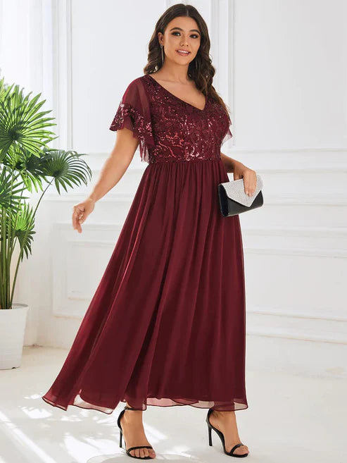 Plus Size V-Neck Short Sleeve Sequin Bodice Mother of the Bride Dress/Prom Dresses Party Dresses Wedding Guest Dresses