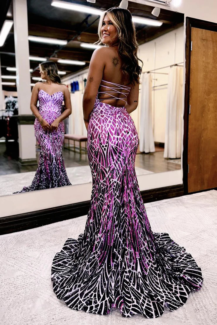 A Line Mermaid Strapless Long Prom Dress With Sequins