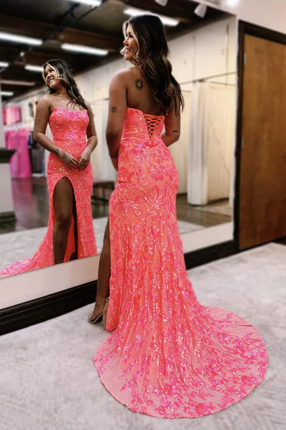 Mermaid Strapless Coral Sequins Long Prom Dress with Slit