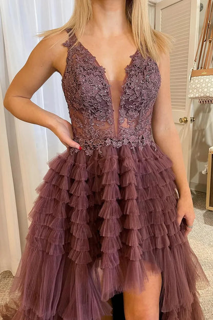 A-Line V-Neck Lace High Low  Asymmetric Tiered Tulle Party Dress Prom Dress With Appliques