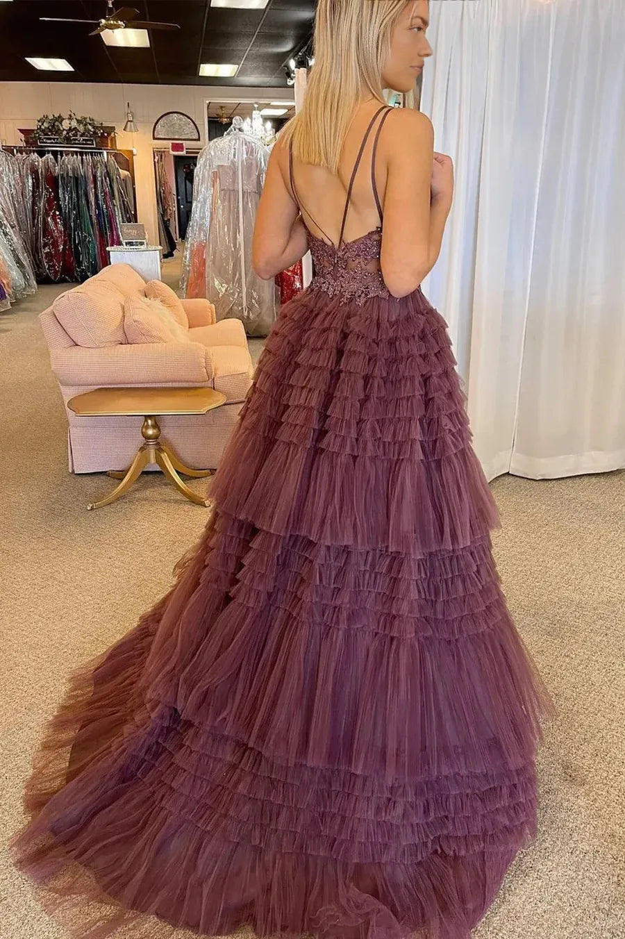 A-Line V-Neck Lace High Low  Asymmetric Tiered Tulle Party Dress Prom Dress With Appliques