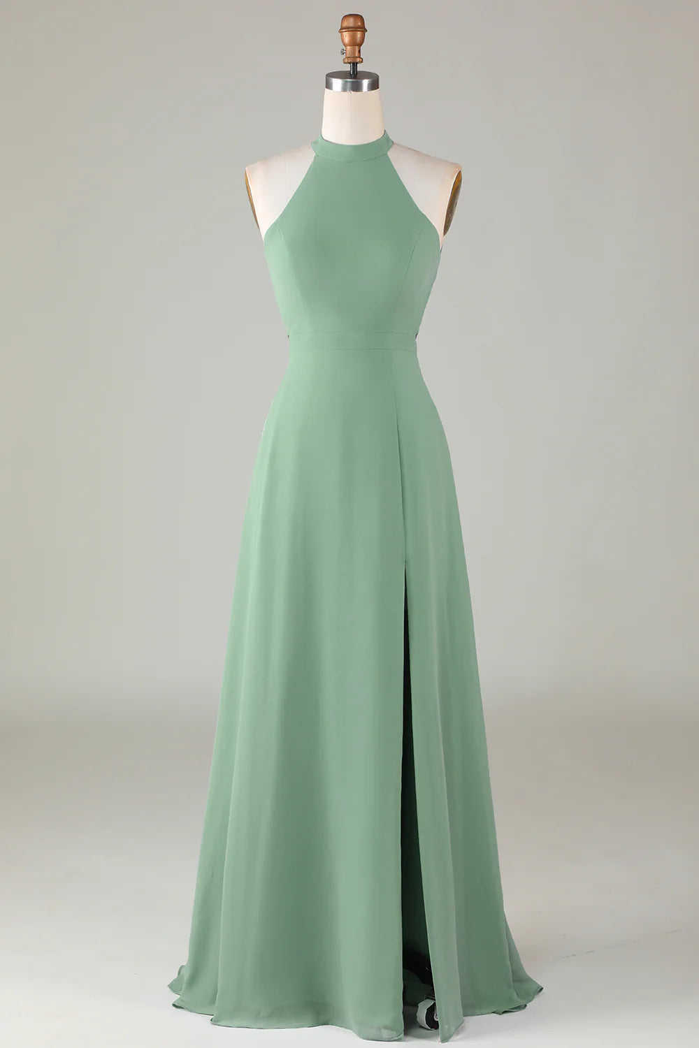 A-Line Halter Open Back Matcha Bridesmaid Dress with Split