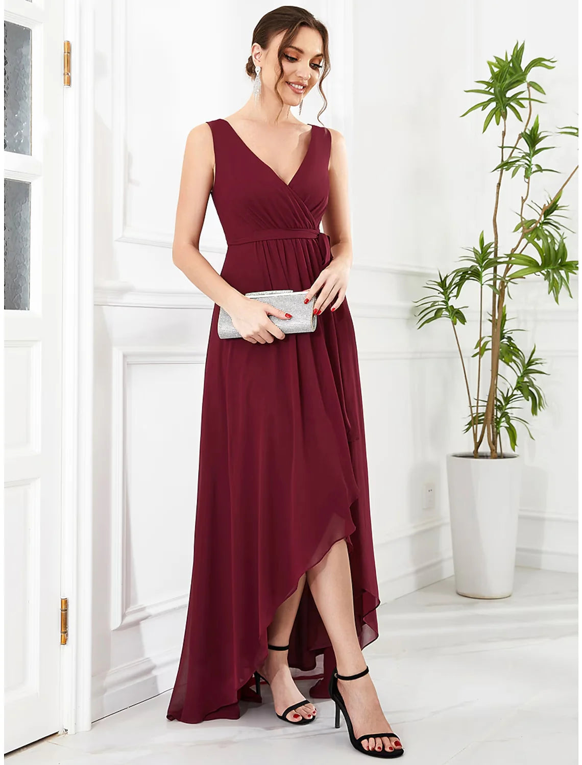 A-Line Party Dresses Elegant Dress Party Wear Asymmetrical Sleeveless V Neck Chiffon with Ruffles Strappy