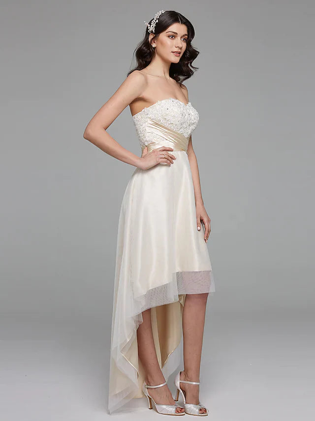 A-Line Wedding Dresses Sweetheart Neckline Asymmetrical Satin Floral Lace Strapless Simple Plus Size with Sash Ribbon Beading