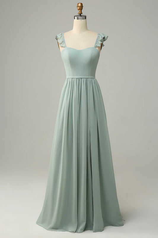 A Line Chiffon Dusty Sage Ruffles Long Bridesmaid Dress