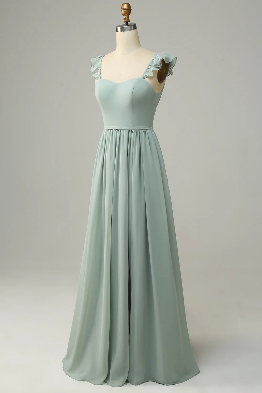 A Line Chiffon Dusty Sage Ruffles Long Bridesmaid Dress