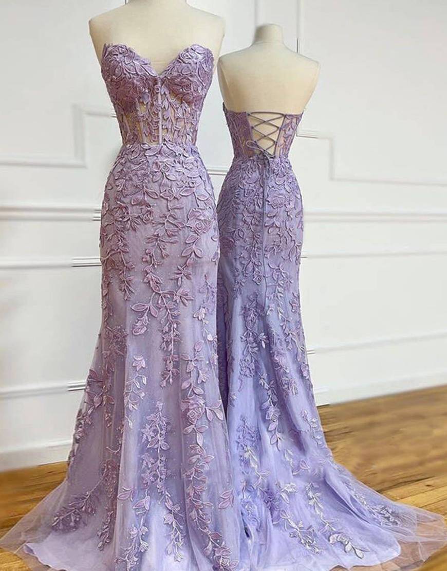 Strapless Lilac Long Prom Dress With Appliques