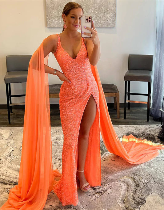 Sleek Glittering Sparkle Sheath  Prom Dress With High Slit