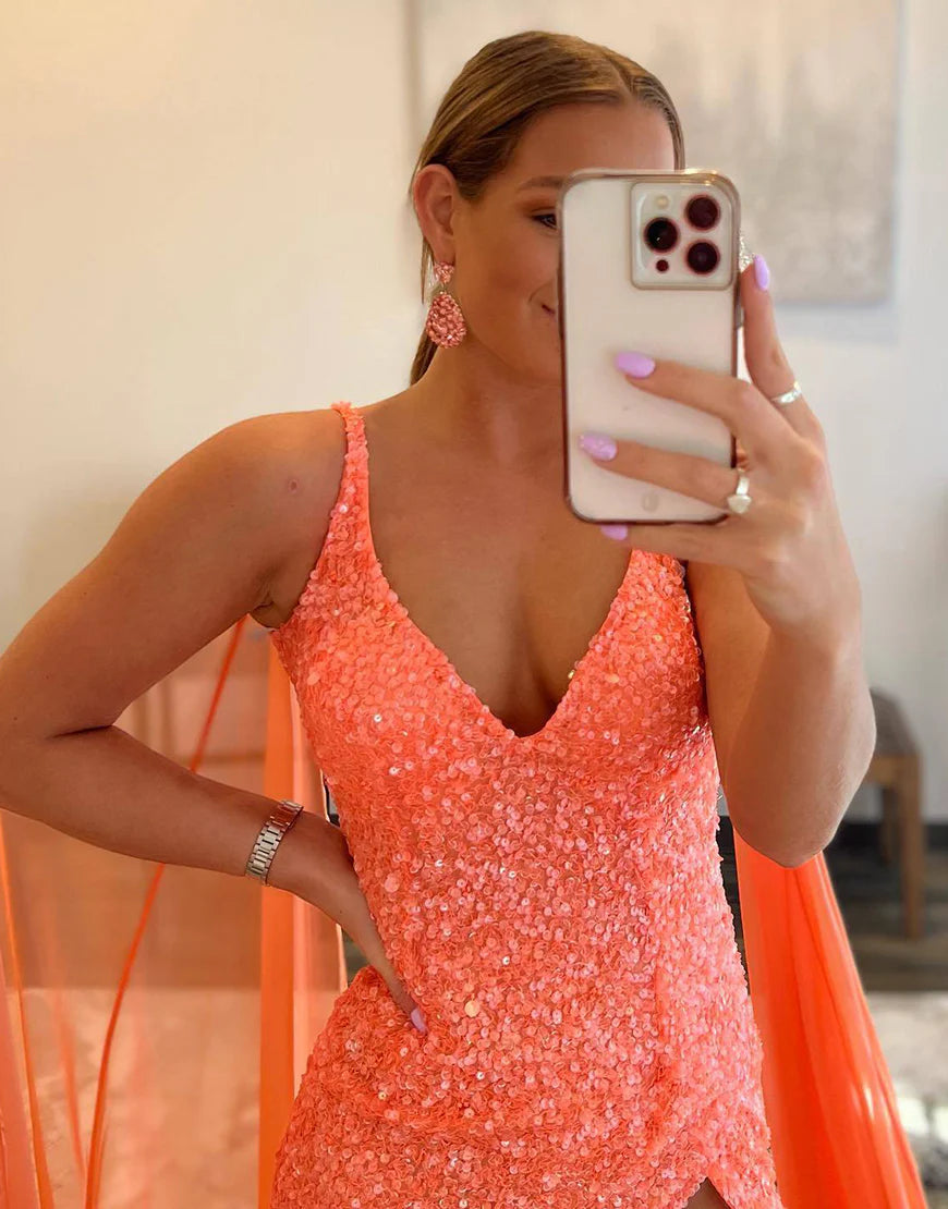 Sleek Glittering Sparkle Sheath  Prom Dress With High Slit