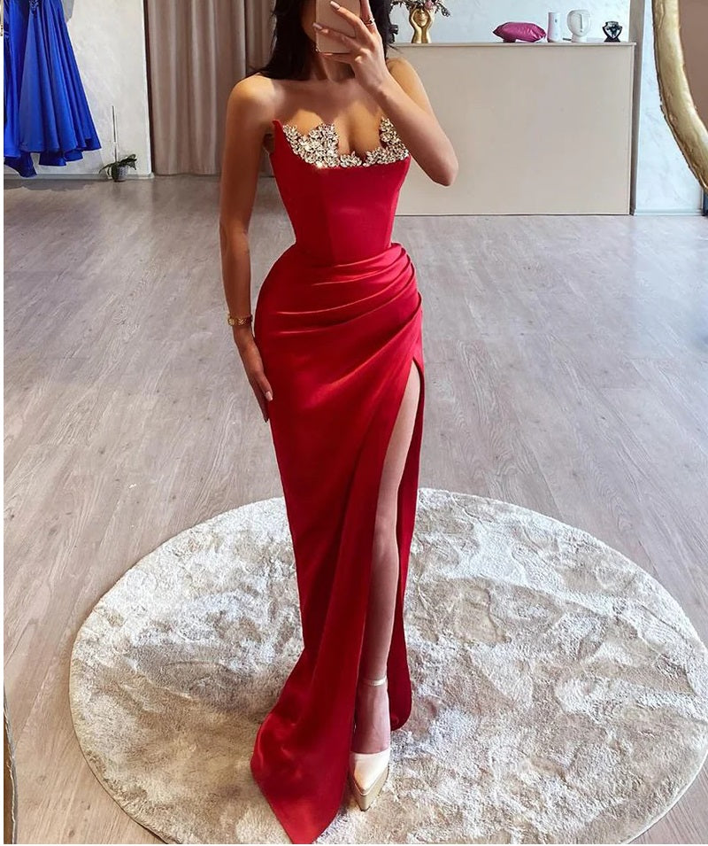 Evening Dress Sheath Column Strapless Sleeveless Pleats Prom Dress