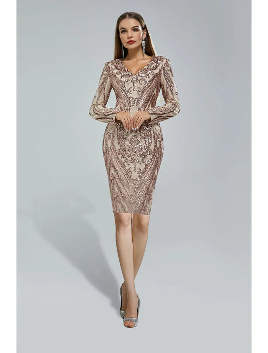 Mermaid / Trumpet Cocktail Dresses Sparkle & Shine Dress Wedding Guest Tea Length Long Sleeve V Neck Sequined with Appliques