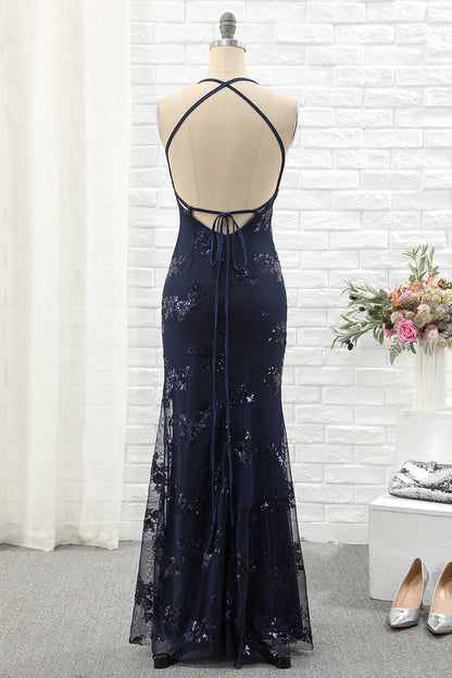 A Line Halter Neck Spaghetti Straps Mermaid Party Dress With Sequins