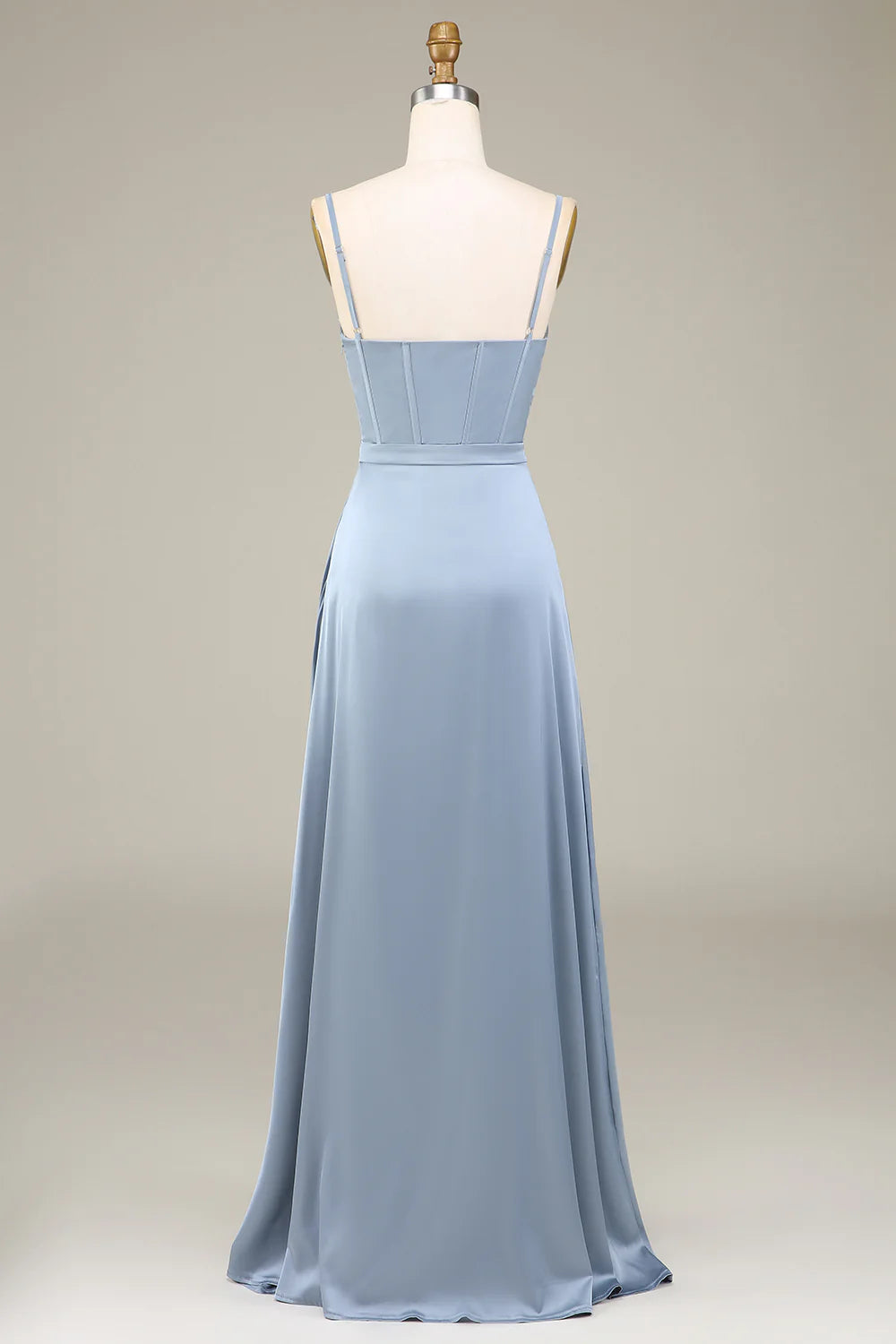 A-Line Pleated Spaghetti Straps Satin Long Bridesmaid Dress