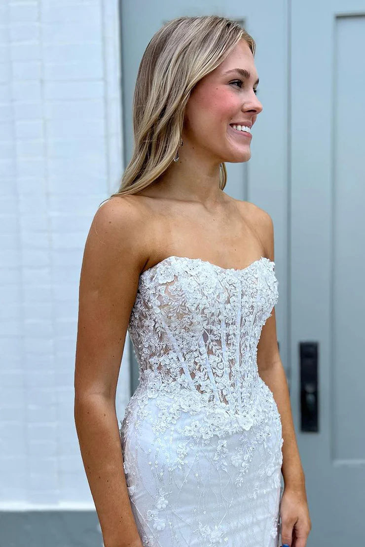 A Line Strapless Sparkly Mermaid Sweetheart Sequins Long Prom Dresses