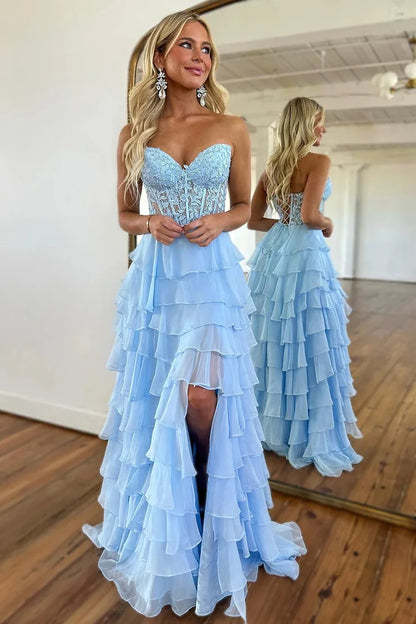 A-Line Strapless Royal Blue Ruffle Tiered Chiffon Long Prom Dress