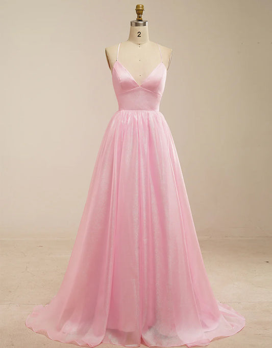 A-Line Spaghetti Straps Pink Prom Dress with Lace-Up Back