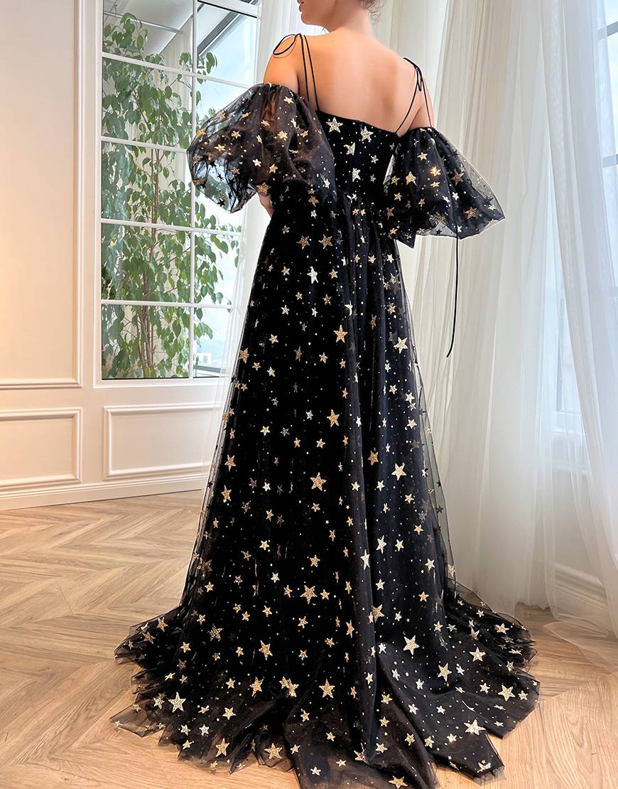 Spaghetti Straps Side Slit Black Long Prom Dress with Stars