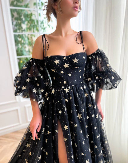 Spaghetti Straps Side Slit Black Long Prom Dress with Stars